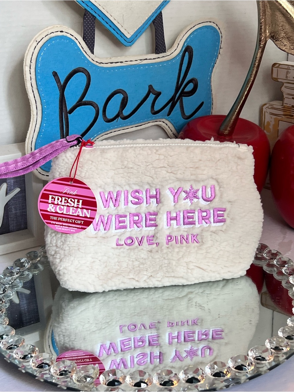 PINK Cream Plush Cosmetic Pouch with Pink Embroidery